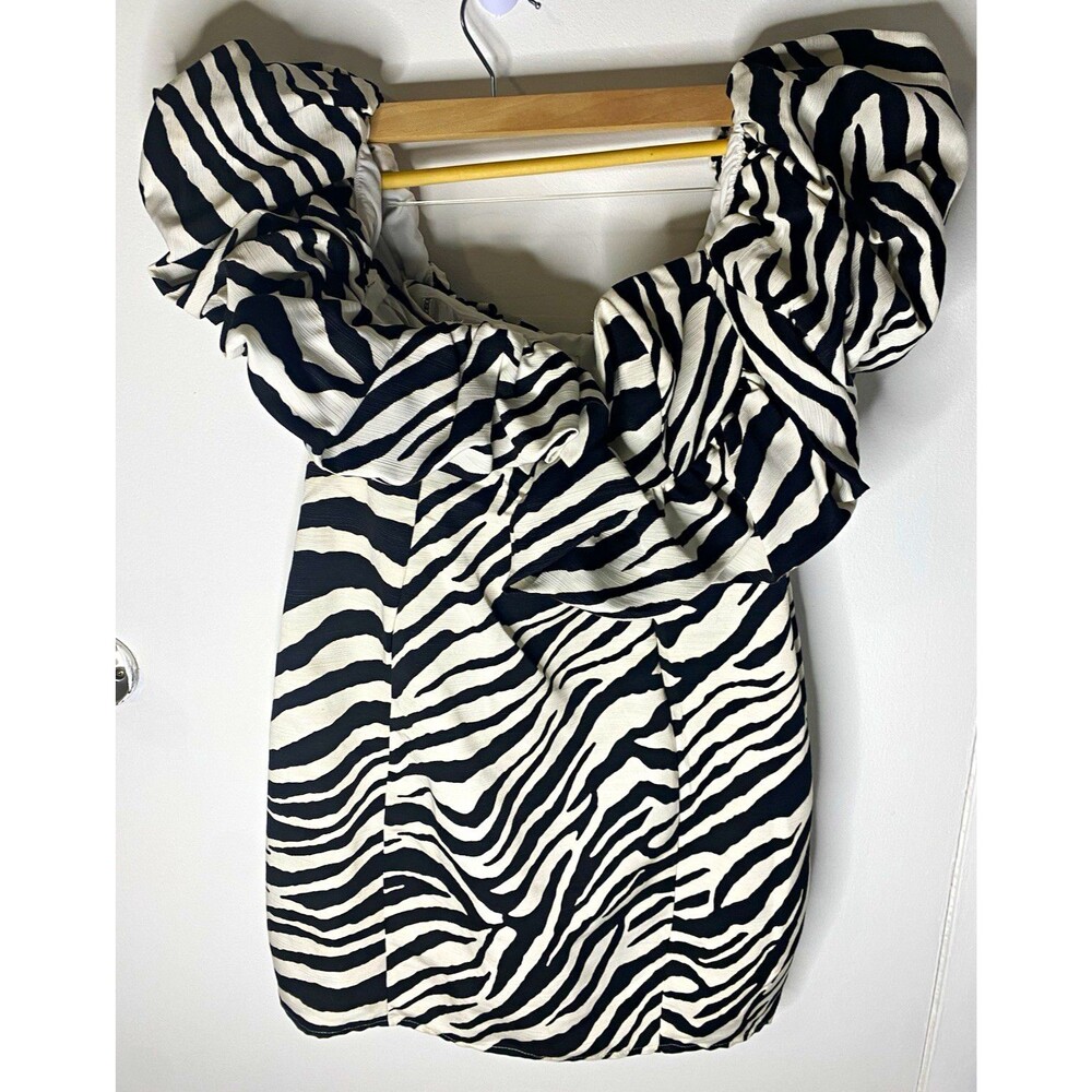 Asos luxe Zebra Print Off Shoulder Ruffle Puff Sleeve Mini Dress Size 6